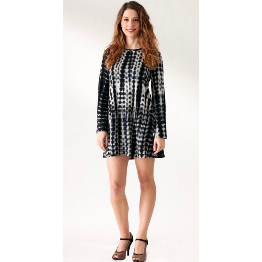 Women Black White Tie Dye Bell Sleeve Mini Swing Dress S Indie grunge whimsigoth